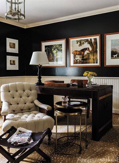 Taking a few days to order bookcases and a functional desk, painting the walls and trim and maybe even upgrading the light perfect ideas for masculine offices. black walls with white wainscoting in an office ...