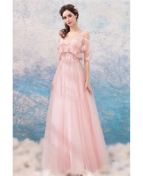 Lovely Pink Tulle Flowy Prom Dress With Cape Sleeves Wholesale T69114
