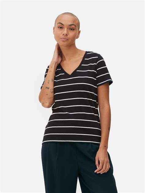 Womens Blackwhite Striped V Neck T Shirt Primark