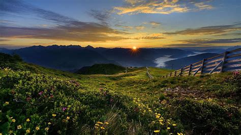 Snrise On A Mountainside In Spring Fence Flowers Spring Sunrise