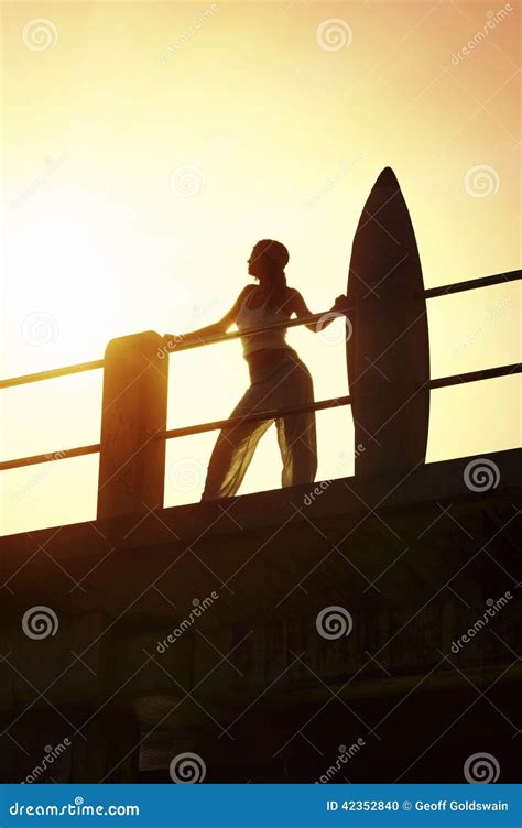 Silhouette De Surfer Se Tenant Sur Le Pilier Avec Le Panneau De Ressac