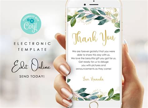 Electronic Thank You Card Online Editable Template Greenery Etsy