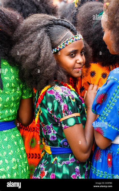 girl with traditional braided hair and clothes at the ashenda festival mekele ethiopia stock