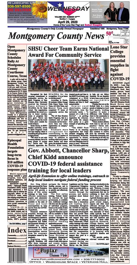 Montgomery County News VOLUME XXII NUMBER 18***** April 29, 2020 by ...