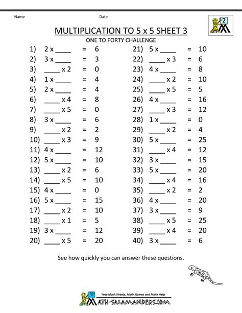 Math Image Files Multiplication Drill Sheets To 5x5