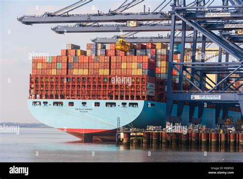 View Of Massive Maersk Container Ship Unloading Containers Freight At