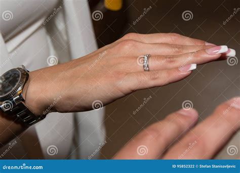 Wedding Ring On Woman Hand Bride Showing Ring On Her Finger Stock