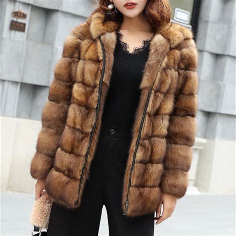 Real Sable Whole Mink Fur Women Slim Medium Coat With Hood Martes