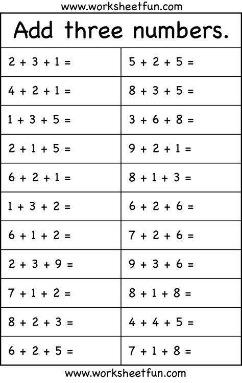 First Grade Math Worksheets Adding 3 Numbers
