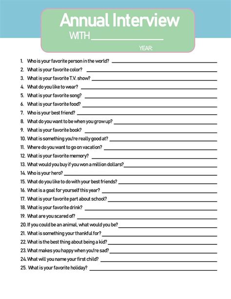 Interview Questions To Ask Your Kids Every Year Free Printable Kids