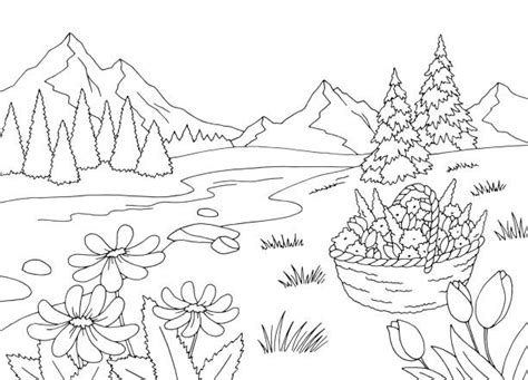 230 Mountain River Graphic Art Black White Landscape Sketch