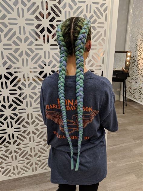 Green And Blue Pastel Coloured Festival Style Dutch Braids Extra Long And Thick Boxe Braids