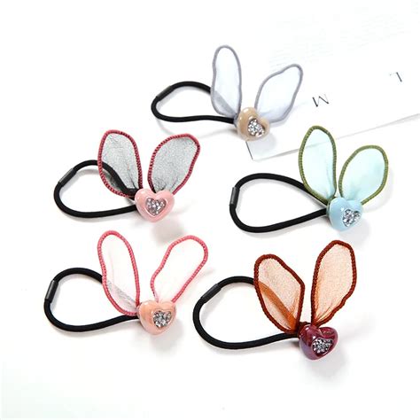 3 Pcs New Rhinestone Heart Rabbit Ears Multicolor Hair Rope Popular