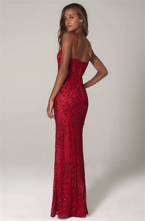 Scala 60101 Embellished V Neck Long Column Red Tight Prom Dress