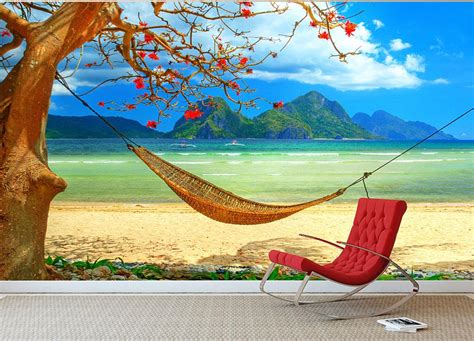 Tropical Beach Scene With Hammock Wall Mural Wallpaper Canvas Art Rocks