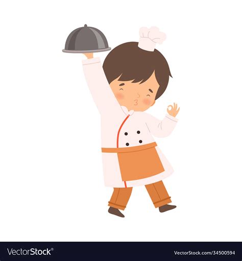 Cute Boy With Platter Cute Little Chef Character Vector Image