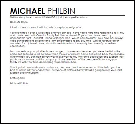Acceptance Of Resignation Letter Example Letter Samples
