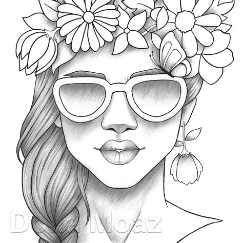 Adult Coloring Page Girl Portrait Colouring Sheet Flower Crown Pdf