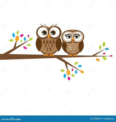 Two Cute Owls On The Tree Branch Stock Illustration Illustration Of