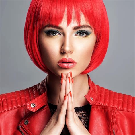Free Photo Beautiful Sexy Woman With Bright Red Bob Hairstyle Fashion Model Sensual Gorgeous
