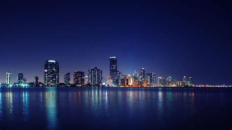 Wallpaper Miami City Skyline Cityscape Water Night