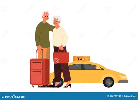 Elderly Couple Waiting For Taxi Old Woman And Man With Luggage Stock