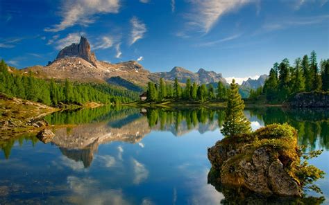 Lake Dolomites Mountains Forest Mountains Reflection Alps Summer Trees