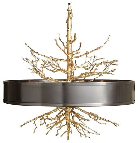 Bijou Tree Branch Hollywood Regency Brass Bronze Ceiling Pendant Lamp