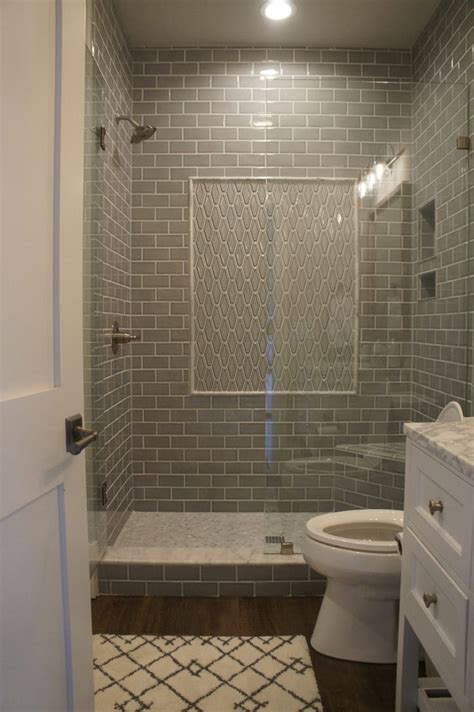 Continue to 7 of 17 below. Gray subway tile shower with framed accent panel | Subway tile showers, Small bathroom layout ...