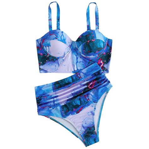 Yubnlvae Swimsuit For Women Vintage Print Push Up Bikini Swimsuit Two Piece Retro Sky Blue Xl