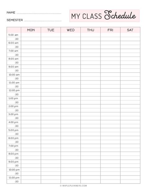 Free Printable Weekly Class Schedule Template