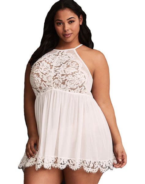 Plus Size High Neck Lace Babydoll White Wholesale Lingeriesexy