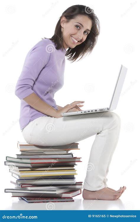 Woman Sitting On Stack Of Books Stock Image Image Of Full Library 9165165