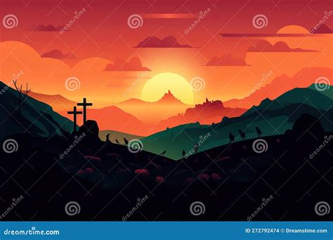 Vector Landscape On Religious Theme Easter Illustration With Mount