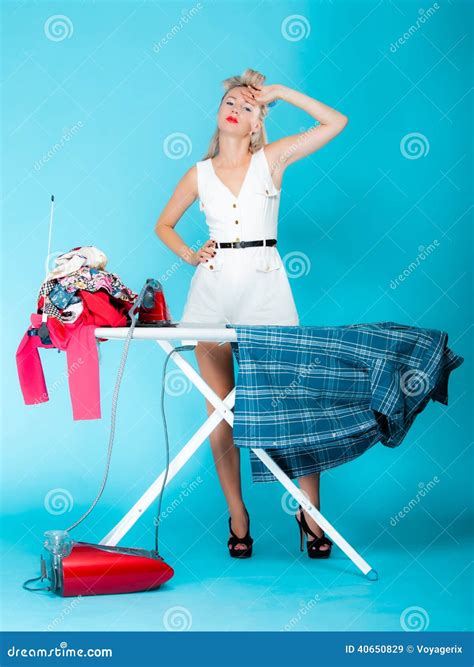 Girl Retro Style Ironing Male Shirt Woman Housewife In Domestic Role Stock Image Image Of