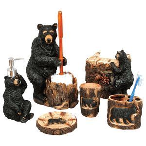 Combining a playful family of bears with birch bark and leaves, the black bear collection features the artwork of becca barton and coordinates beautifully with most of our lodge shower curtains. Bear bathroom accesories | Bear bathroom decor, Black bear ...