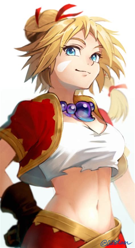 Safebooru 1girl Bead Necklace Beads Blonde Hair Blue Eyes Blurry Breasts Brown Gloves Chrono
