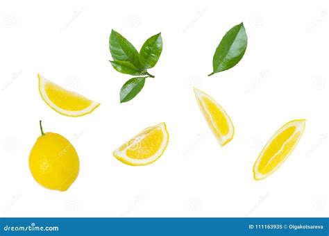 Lemon Slices Whole Lemon And Green Citrus Leaves Isolated On White