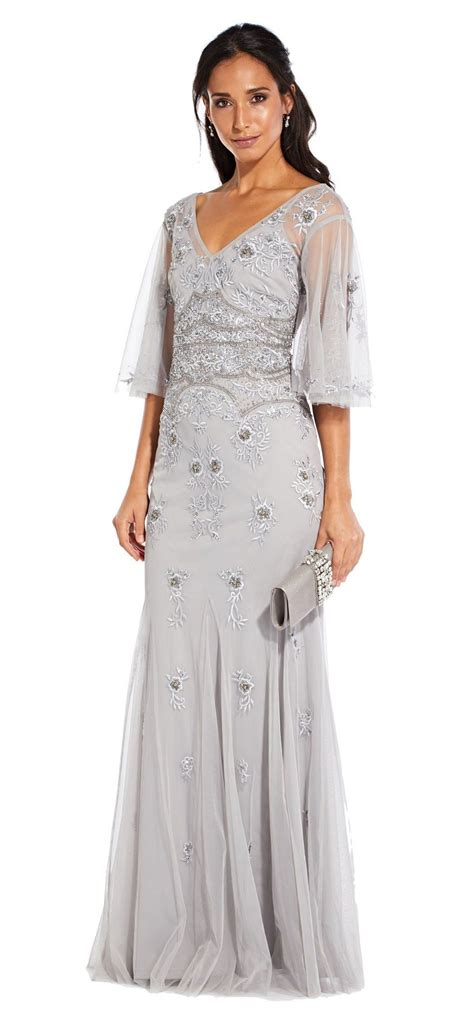 Adrianna Papell Floral Beaded Gown With Sheer Flutter Sleeves