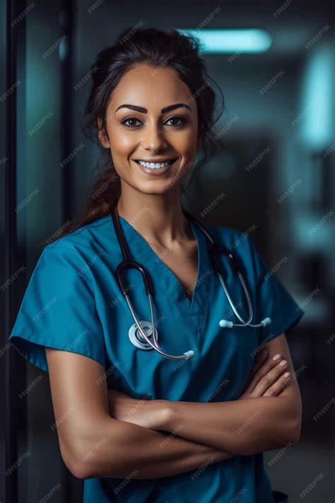 belle infirmière femme de 36 ans dans un gommage bleu les cheveux attachés en haut des bras