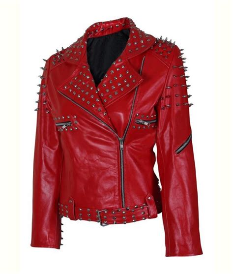 Womens Red Spike Studded Leather Jacket For Sale