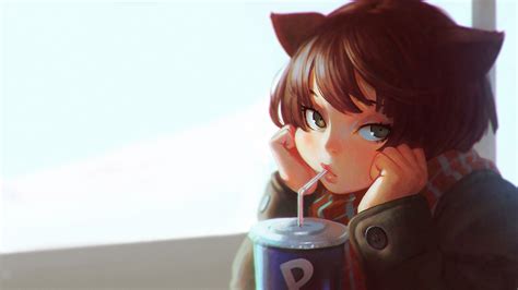 Download 1920x1080 Wallpaper Cute Anime Girl Drinking
