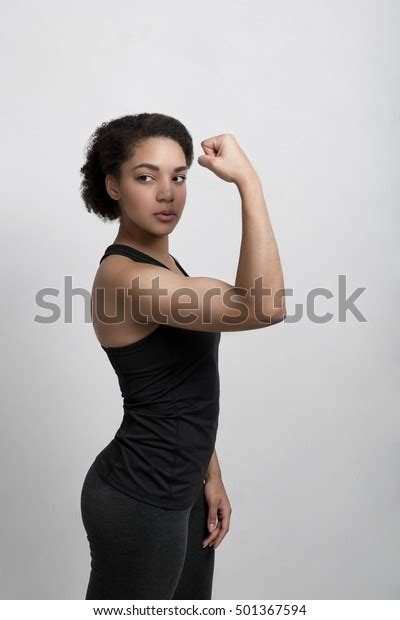 Fitness Woman Showing Biceps Muscles Strength Stock Photo 501367594