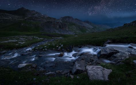 Landscape Nature Starry Night Sky Mountain River Grass National