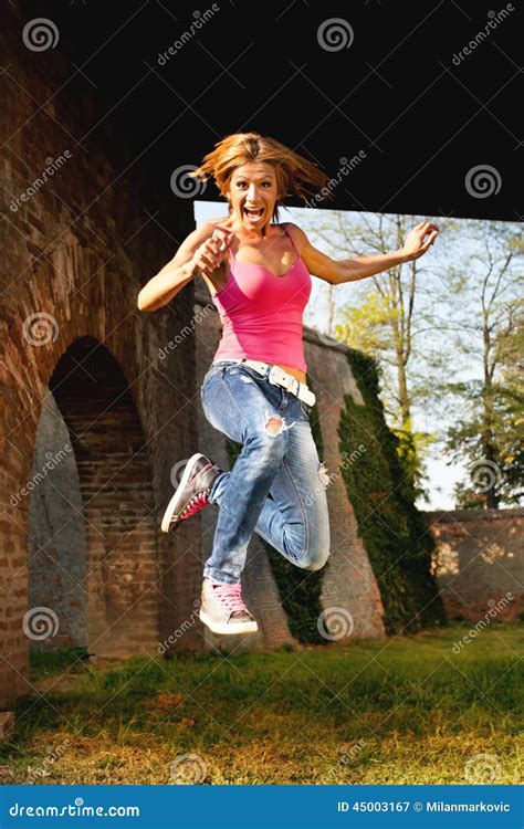 Happy Woman Jump Stock Image Image Of People Smiling 45003167