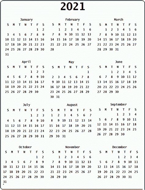 2021 Calendar Printable 12 Months All In One Calendar 2021