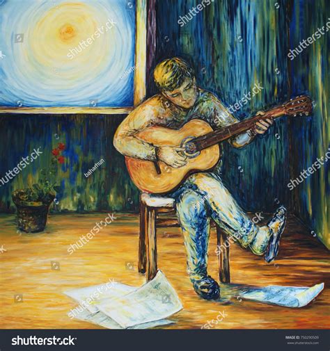 Oil Painting Man Playing Guitar Minimalist 库存插图 750290509