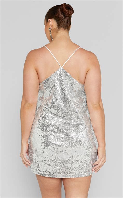 Delilaah Mini Dress Strappy V Neck Slip Sequin Dress In Silver