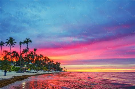 Sunset Over Tropical Beach Nature Stock Photos Creative Market