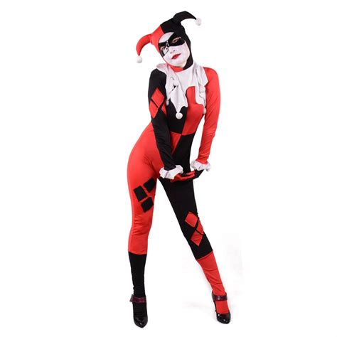 großhandel harley quinn kostüme clown jumpsuits adult sexy red superhero clown cosplay spandex